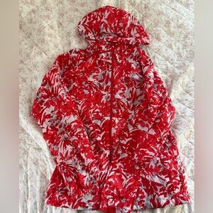 Columbia Red and White Patterned Hooded Rain Jacket